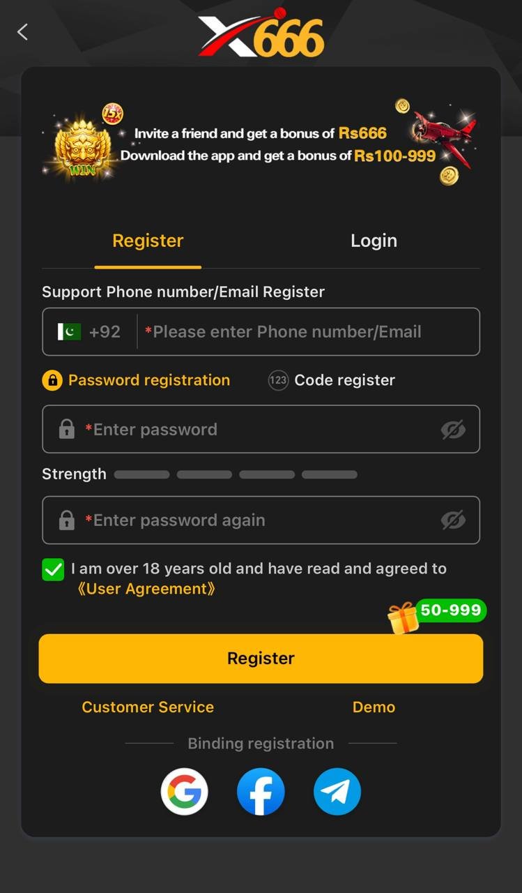 X666 registration screen with 18 plus confirmation